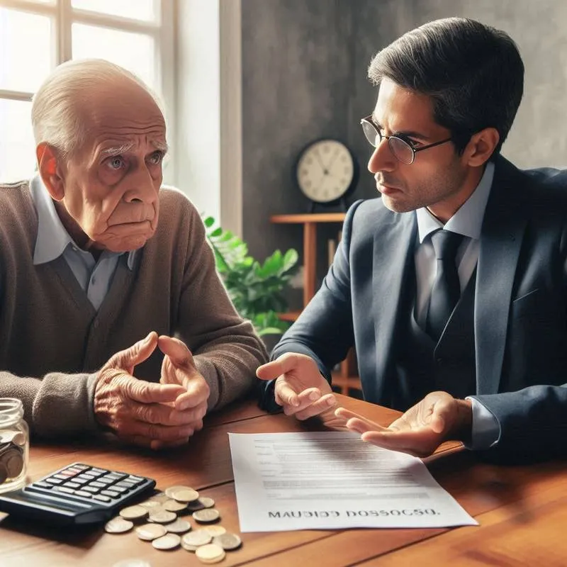 Um idoso preocupado, sentado à mesa com um extrato bancário e documentos financeiros. Ao seu lado, um advogado da Márcio Rosa Sociedade de Advogados explica os detalhes do caso de descontos indevidos. O ambiente é acolhedor e transmite a sensação de segurança e confiança